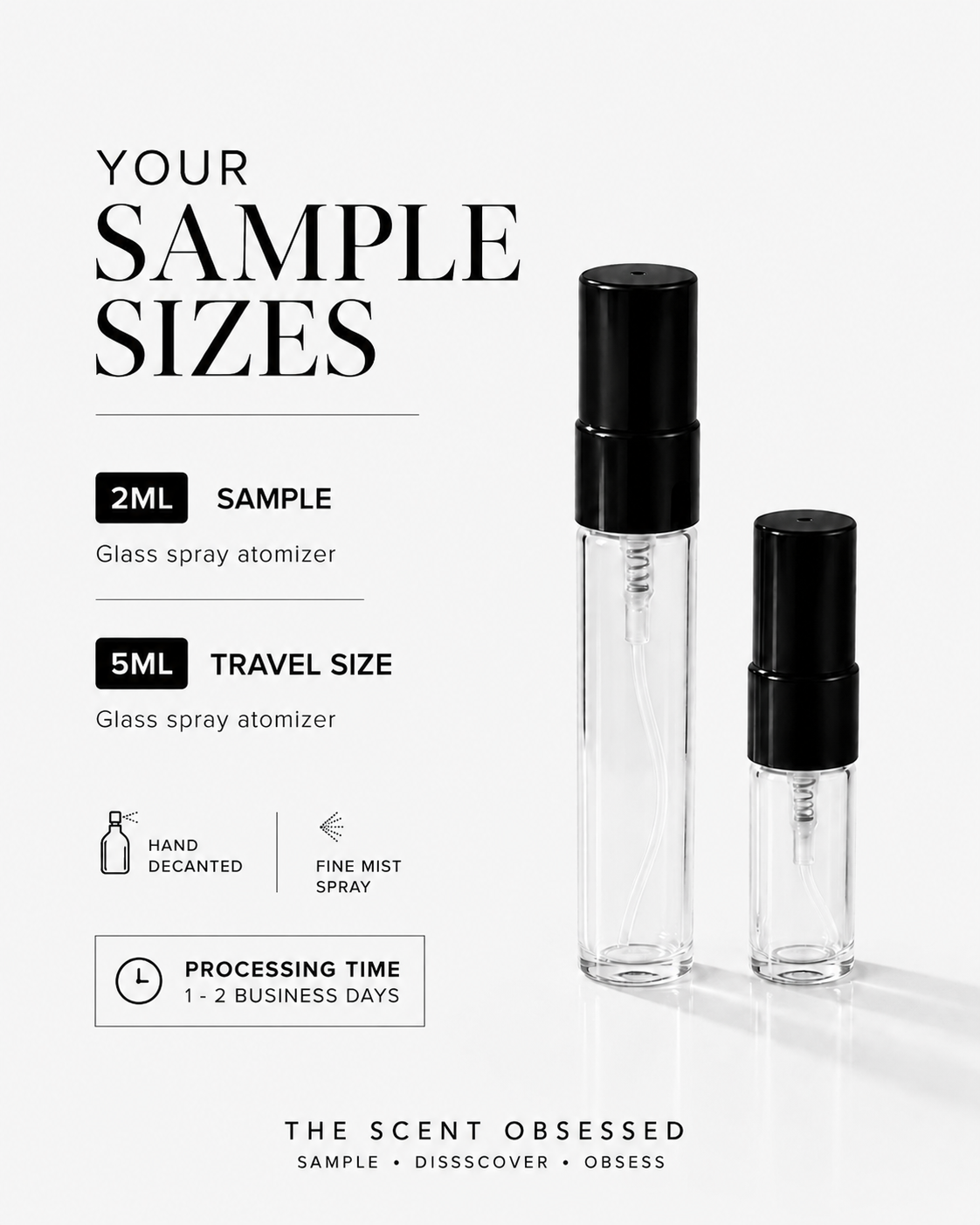 Two clear glass spray atomizers with black caps shown, alongside text labels for 2ML sample size and 5ML travel size 